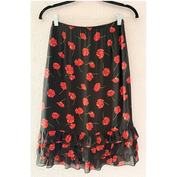 Alain Manoukian Dresses & Skirts - Alain Manoukian Black Red Floral Poppy Ruffle Hem Midi Skirt Y2K Romantic Sz 6
